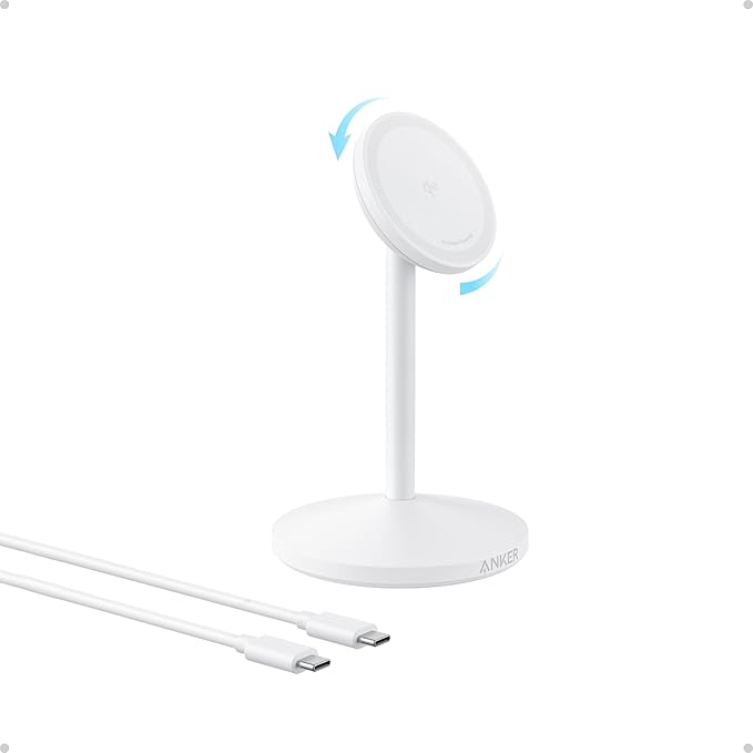 Anker MagGo iPhone 17 MagSafe Charger Compatible Stand, 15W Fast Magnetic Wireless Charging Station, Qi2 Certified 360° Wireless Charger (White, with Cable)