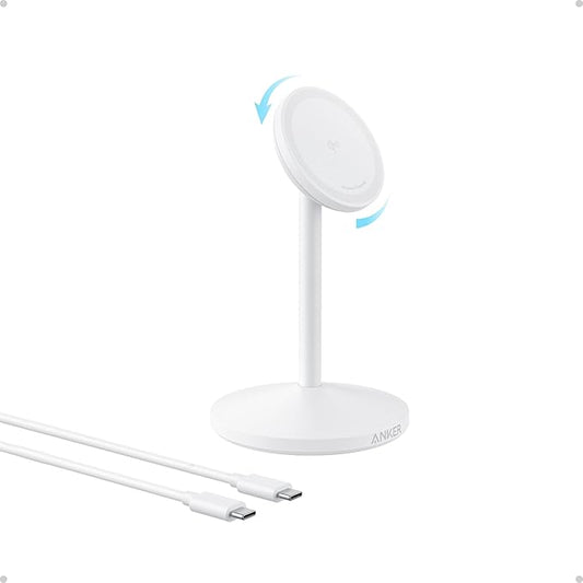 Anker MagGo iPhone 17 MagSafe Charger Compatible Stand, 15W Fast Magnetic Wireless Charging Station, Qi2 Certified 360° Wireless Charger (White, with Cable)