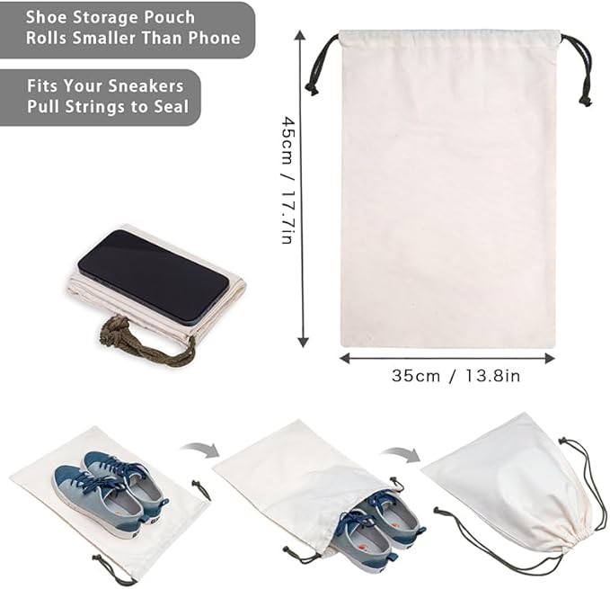 Canvas Shoe Bags for Travel, 2 Pcs Drawstring Shoe Storage Pouches, Dust Proof Washable Shoe Organizers (17.7x13.8in, Beige)