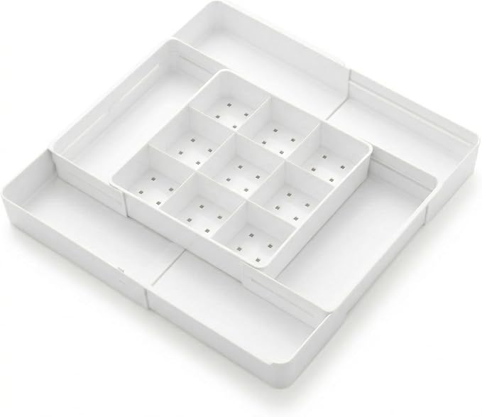 4-Way Expandable Drawer Organizer, Up to 13 Compartments Desk Divider with 6 Adjustable Dividers & Non-Slip Pads, Low Profile Tray (2.2" Tall) for Office, Makeup Vanity, White