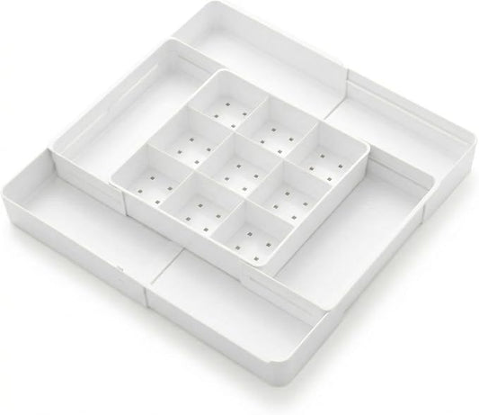 4-Way Expandable Drawer Organizer, Up to 13 Compartments Desk Divider with 6 Adjustable Dividers & Non-Slip Pads, Low Profile Tray (2.2" Tall) for Office, Makeup Vanity, White
