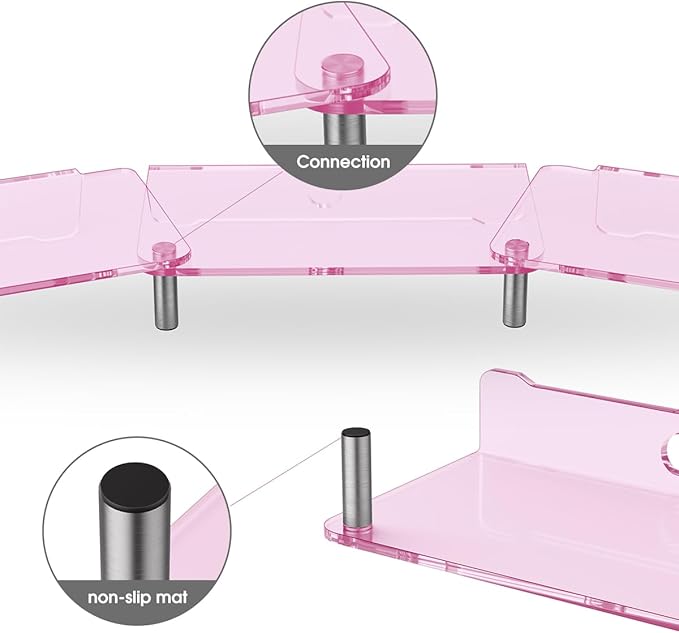 dual monitor stand riser, 3-layer pink acrylic monitor stand with anti slip pad, adjustable length and angle, suitable for 2 monitors, desktop, laptop, PC, printer, TV screen (Pink acrylic)