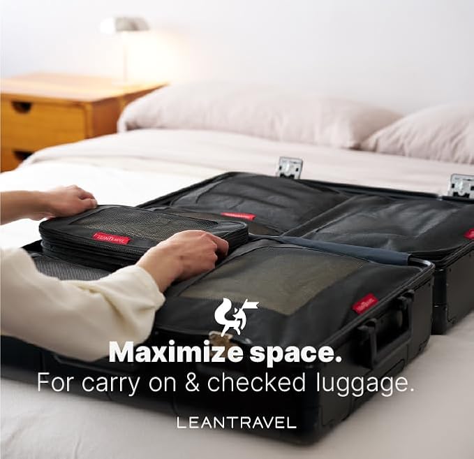 LeanTravel Premium Compression Packing Cubes for Travel - Suitcase Organizer Bags with Double Zipper & Breathable Mesh Panel - Space Saving Carry On Luggage Essentials (3-Pack, Black)