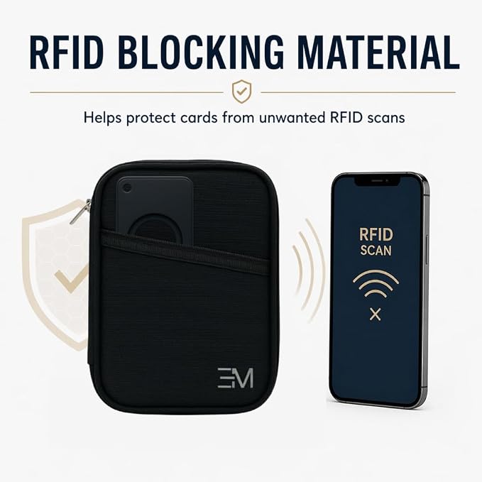 EM RFID Passport Holder with Zipper, Travel Wallet, AirTag Card Case, Black | Ideal for 1 passport, cards, cash, ID and boarding pass. Measures 4.7 L x 0.8 D x 6.1 H in with discreet AirTag card pocket