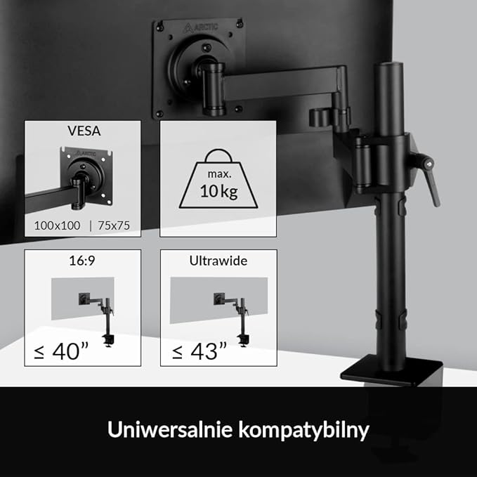 Arctic X1 - Monitor arm for one Monitor, Monitor Stand for up to 40"/43" Ultrawide, up to 10 kg/22 Ibs, Tiltable, Swivelable, Height Adjustable, VESA 75x75/100x100 - Black