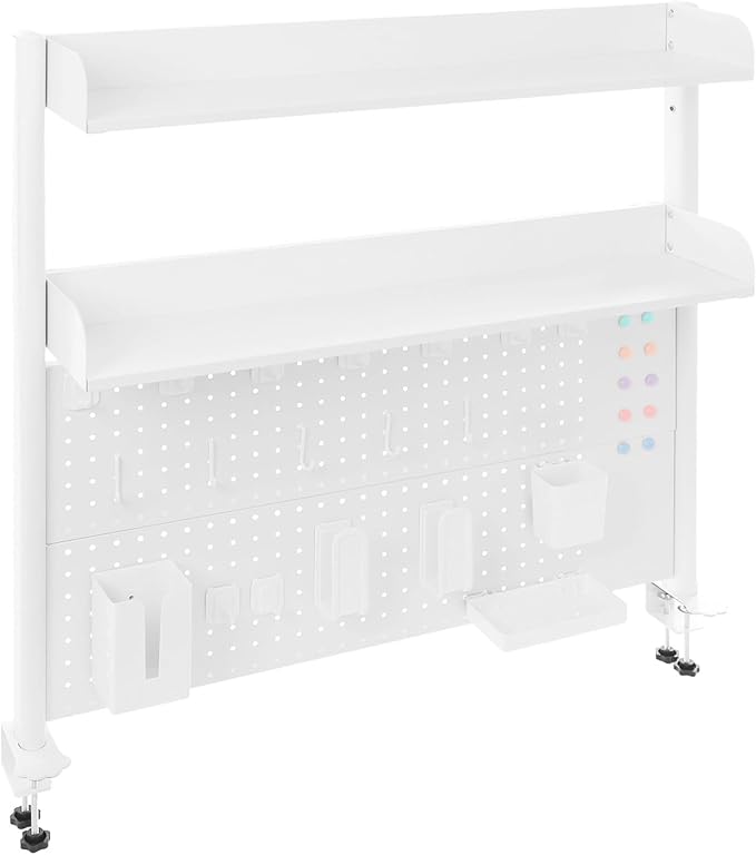 Clamp-On Pegboard Desk Organizer, 2-Tier Clamp On Desk Shelf with Hooks, Office Accessory Organizer for Books, Office Supplies & DIY Storage, 16.5lbs Capacity, 39.37" x 37.4", White