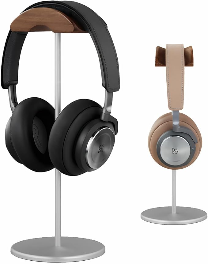 Headphone Stand, Aluminum and Wood Headphone Holder for Over Ear & On Ear Headsets – Heavy Duty Base Gaming Headset Stand with Non-Slip Pad, Desk Organizer for Home Office Studio Use (Silver)
