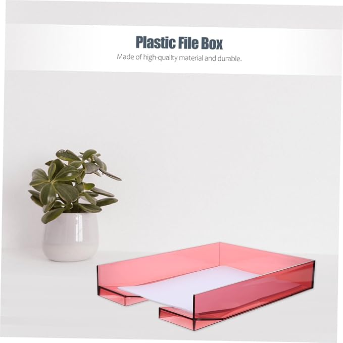 Stackable A4 Plastic Paper Storage Box, Lightweight Document Organizer with Wine Red Lid, Office File Holder for Desktop and Office Supplies