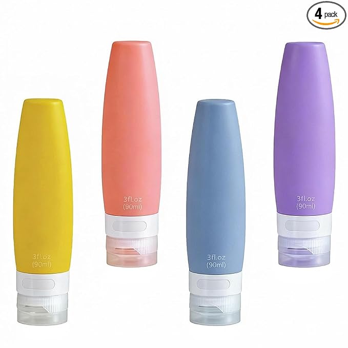4 PCS Silicone Travel Bottles, 3oz Refillable Toiletries Containers Set, Small Empty Travel Size Bottles for Shampoo, Lotion, Shower Gel (Bright)