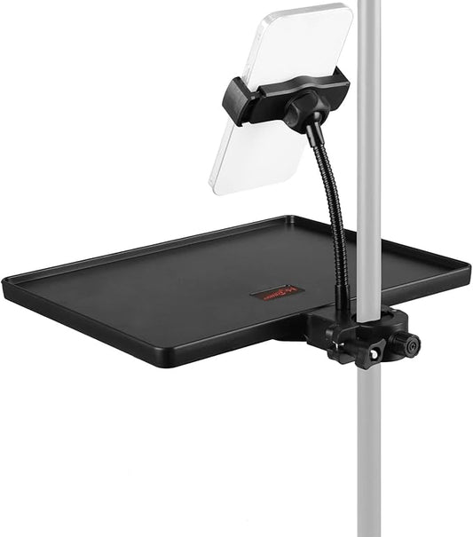 Mr.Power Microphone Stand Plastic Tray with Phone Holder, Mic Stand Clamp-On Rack Tray Holder for Most Mic Stands, for Stage, Live Streaming, Concert Performance, Karaoke (10.6" x 8") (Large)
