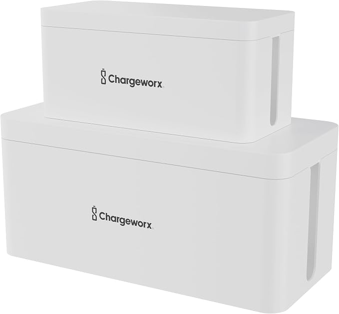 ChargeWorx Cable-Management Box Set, 2 Pack Cord Organizer to Hide Power Strips and Surge Protectors, Desk and Floor Wire Concealer for Home Office, TV Area, White