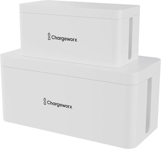 ChargeWorx Cable-Management Box Set, 2 Pack Cord Organizer to Hide Power Strips and Surge Protectors, Desk and Floor Wire Concealer for Home Office, TV Area, White