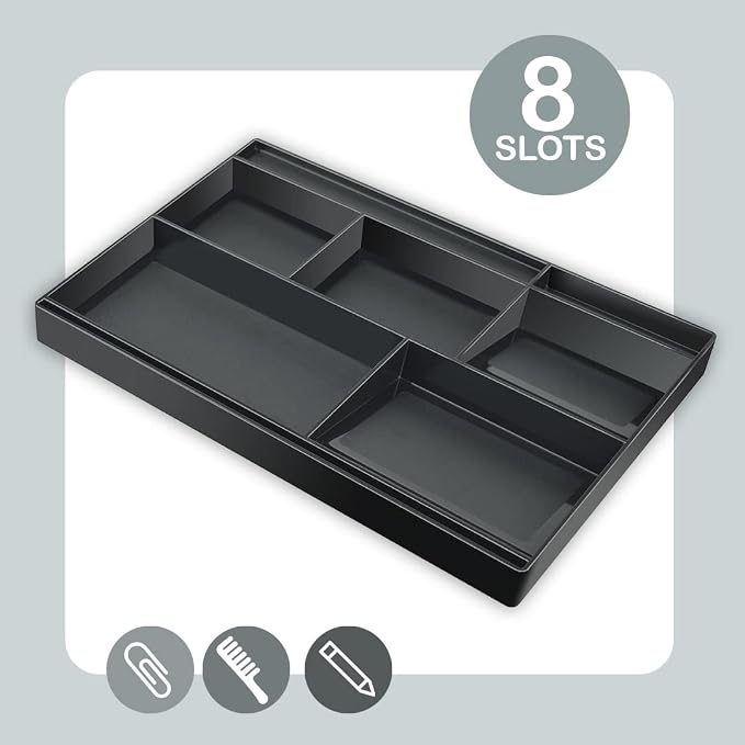 Acrimet Desk Drawer Organizer Tray with 8 compartments Bin Multi-Purpose for Desk Supplies and Accessories (Plastic) (Black Color) | 12" Ruler Special Divider Organizes Pens, Pencils, Stationery Accessories