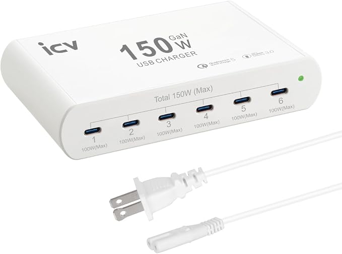 icv 150W PD Fast USB C Charging Station for Multiple Devices, 6-Port GaN 100W Type C Laptop Fast Charger Multiport USB Charging Station for MacBook, iPhone, Samsung, Galaxy, iPad, Android, White