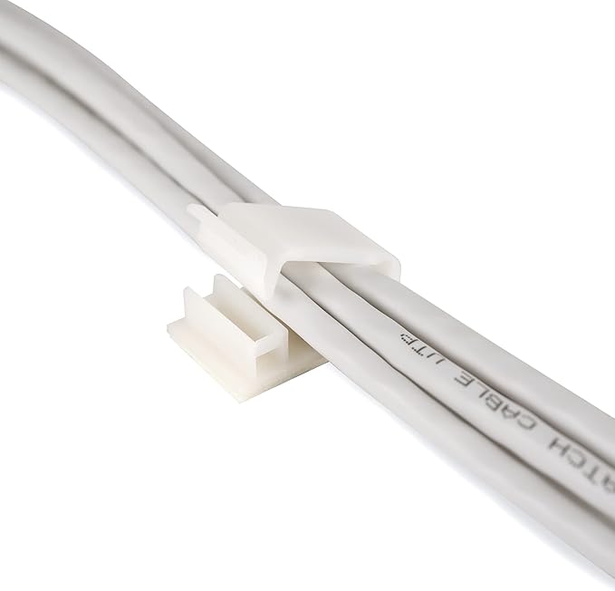 Cable Clips White with 3M Adhesive, Multipurpose Small Wire Clamps for Cable Management and Cable Runs - 50 Pack Black Bundled with 10 Reusable Cable Ties, Screws Included for Permanent Mounting