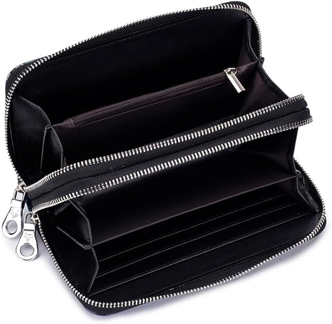 GOIACII Women's Wallet Large Capacity Double Zip Ladies Card Phone Holder RFID Blocking Wristlet Leather