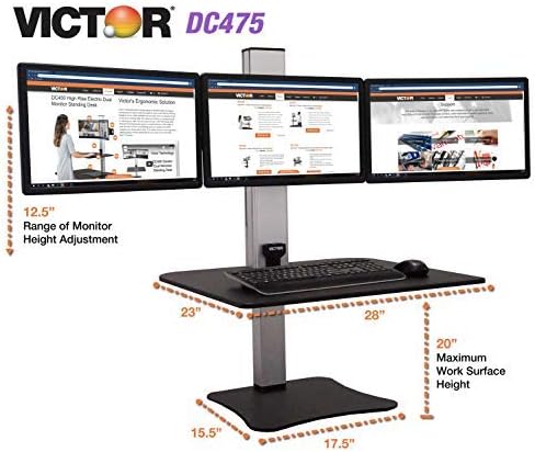 Victor DC475 High Rise Electric Triple Monitor Standing Desk Converter | Three Large Monitor Sit-Stand Desk | 28??Wide Work Surface | Compatible with Any Standard Desk | Adjustable Monitor Holder