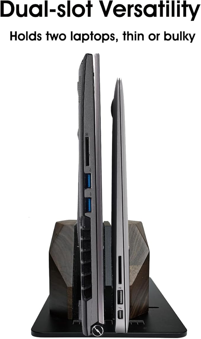 Walnut Wood Vertical Laptop Stand, Dual Slot Wooden Laptop Holder Vertical for Desk, Width Adjustable Dock Compatible with MacBook Pro and Universal Gaming Laptops