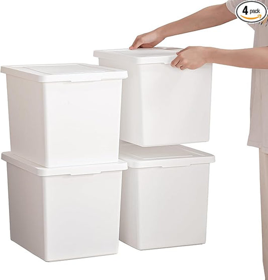 YUNGSHY 4 Pack 27 Quart White Large Stackable Storage Bins With Lids,Bathroom Closet Undersink Organizers and Storage Containers and Durable Nestable Closet, Garage, Totes (white, 27Qt.-4Pack)