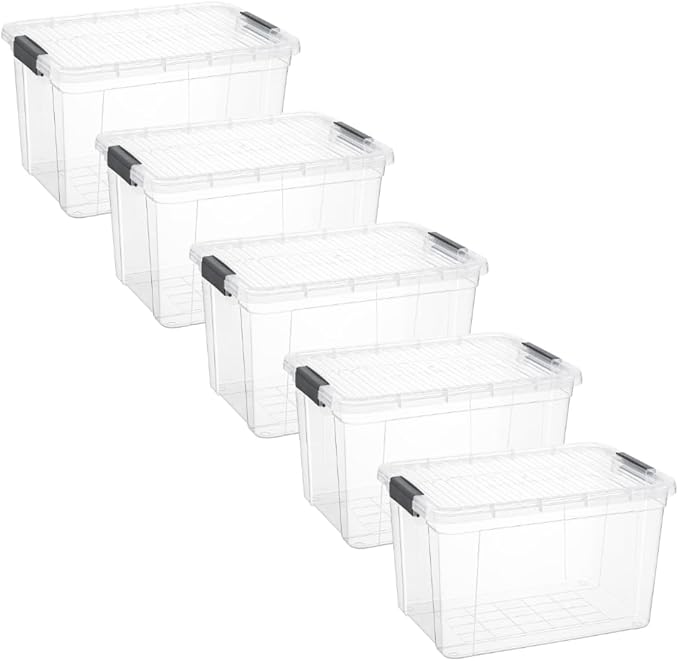 Superio Clear Storage Boxes with Lids, 14.25 Quart Plastic Container Bins for Organizing, Stackable Crates, BPA Free, Non Toxic, Odor Free, Organizers for Home, Office and Dorm, 5 Pack