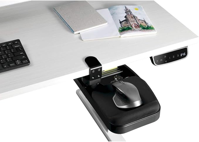 TRIPP LITE Under Desk Storage Tray Clamp-on Storage Tray w Mouse Pad, Wrist Rest - Office Desk Organizer 360 Swivel 5-Year Warranty (DMUDSC)