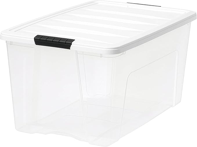 IRIS USA 72 Qt Stackable Plastic Storage Bins with Lids, 8 Pack - BPA-Free, Made in USA - See-Through Organizing Solution, Latches, Durable Nestable Containers, Secure Pull Handle - Clear/White
