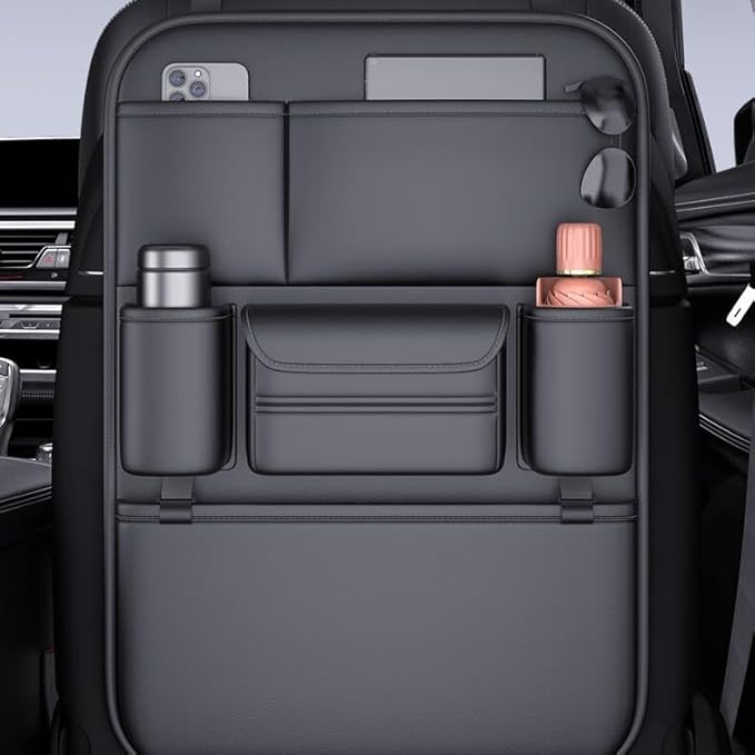 Premium Leather Car Seat Organizer for Cars, SUV & Truck - Back Seat Headrest Storage Organizer with 6 Pockets, Large Capacity Waterproof Car Organizer Pocket for Phone, Bottle, Tissue, Toys