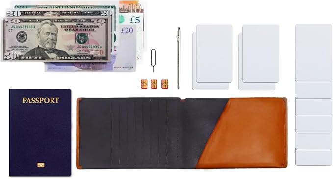 Leather Travel Wallet RFID - Slim Passport Holder for Men & Women - Fits Passport, Cards, SIMs, Pen & Boarding Pass - Secure Travel Document Organizer (Light Brown)