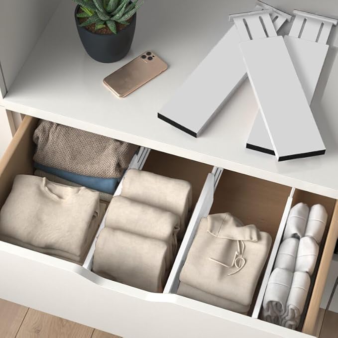 6-Pack Drawer Dividers 6 Inch High, 11??17" Adjustable Bamboo Organizers Large Expandable Drawer Separators for Cloths, Dresser, Bedroom, Bathroom, Baby Drawer, Office & Kitchen Utensils (White)