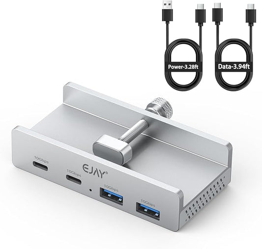 EJAY 4Ports 10Gbps USB-C HUB USB3.2 Clamp USB HUB Splitter,Mountable USB-C Adapter with Data & Power Cable for iMac 2021 and later-10Gbps(Sliver)