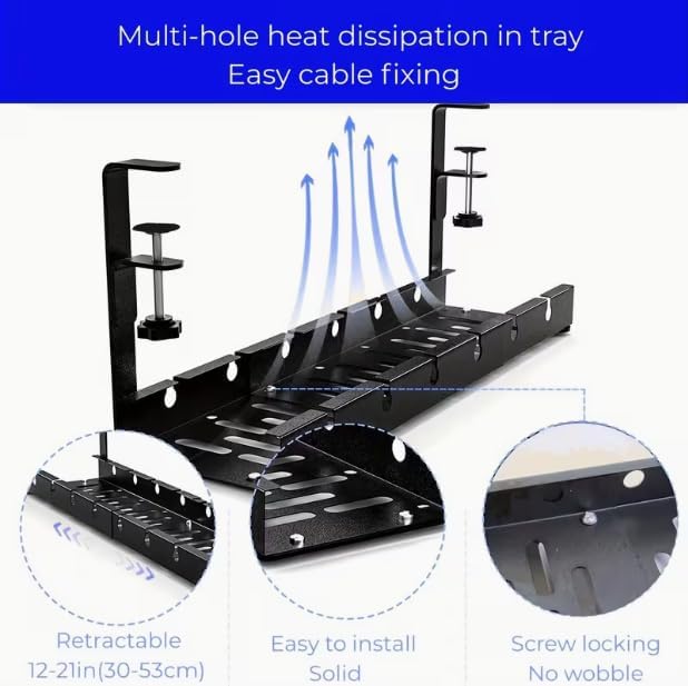 Extendable Under Desk Cable Management Tray, 17"-28.7" Clamp On Cord Organizer, No Drilling Metal Cable Management Holds Up to 11 lbs, Desk Storage for Office and Gaming Accessories