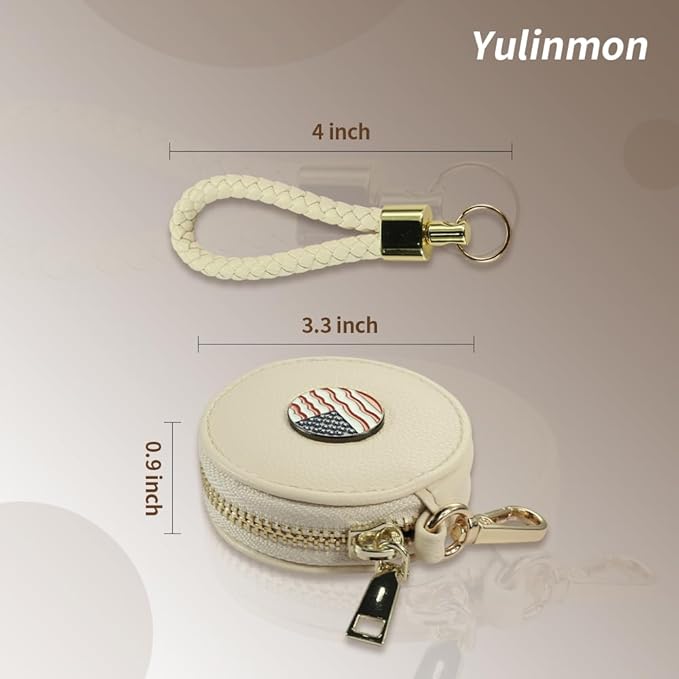 Coin Wallet Purse, Beige PU Leather Round Zipper Coin Purse, Mini Leather Coin Purse, Keychain Bag Charm, Shoulder Bag for Girls & Women (White American Flag)