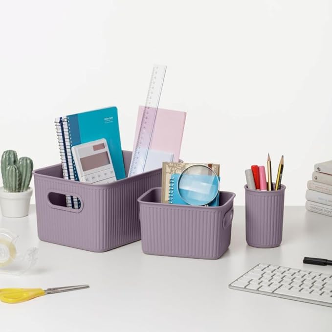 Decorative Plastic Basket Lidded Home Storage Bins Organizer, Medium Lilac Purple (1 Pack - 5 Liter) Stackable Container Box, for Organizing Closet Storage Bins for Shelves - Ribbed Collection