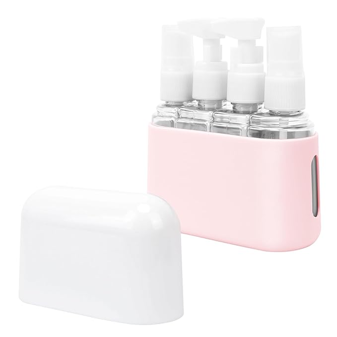 Skycase Travel Bottles - Leak Proof Refillable Tsa Approved Travel Size Toiletries, 4 in 1 Liquid Bottles Containers with Labels and Funnel Airplane Accessories Kits for Lotion Liquid (Pink)