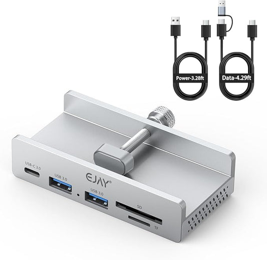 EJAY 5Ports USB3.0 HUB Alu Splitter Desktop Docking with Card Reader for Desk/Monitor Clipping with Extra Power Supply Port,59inches Data & 39inches Power Cable-5Gbps(Silver)