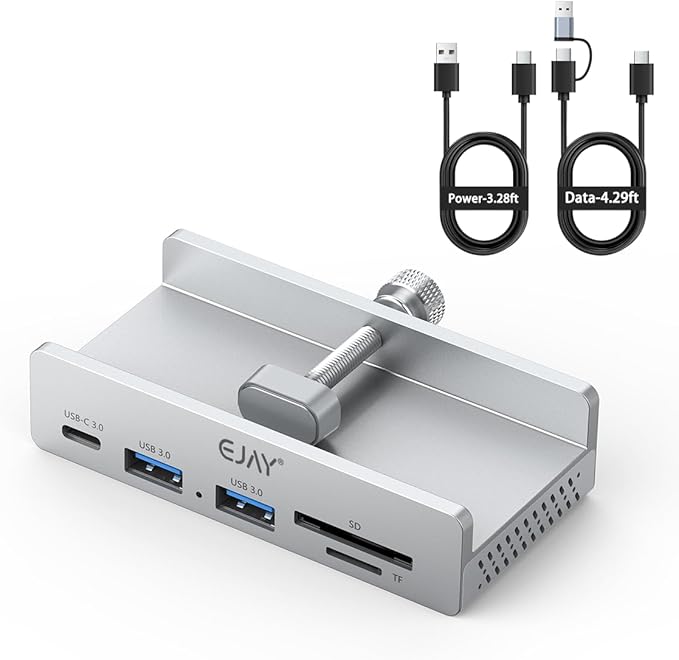 EJAY 5-in-1 Aluminum USB 3.0 Clamp Hub, Desk Edge Docking Station with SD/TF Card Reader, 5Gbps Port Expander with 59" Extra Long Cable for iMac, MacBook, Laptop, PC, Home Office, Silver