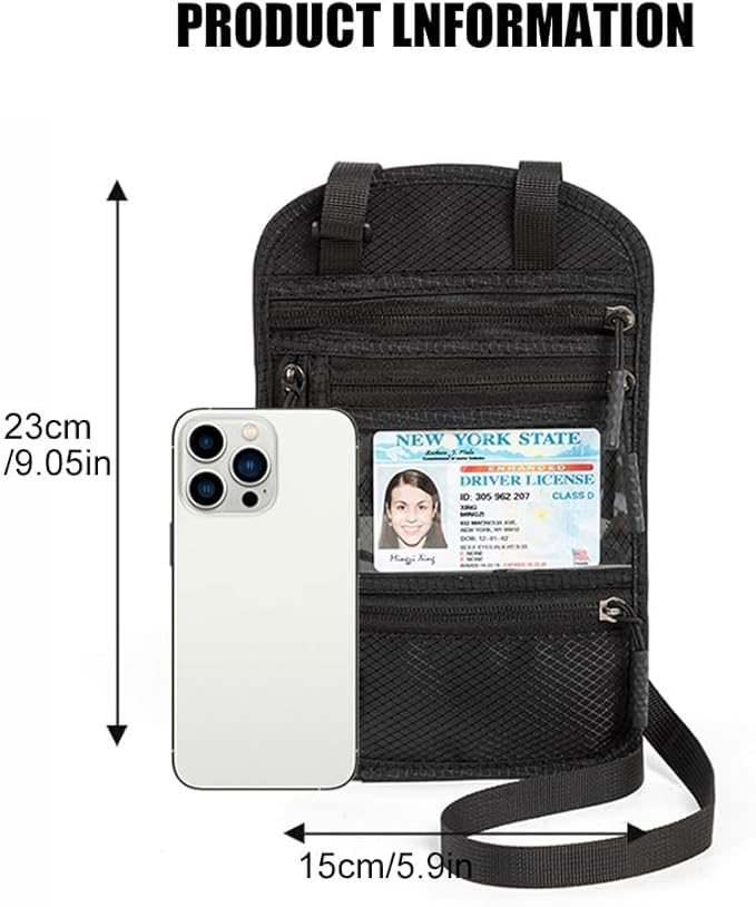 2-Pack RFID Blocking Passport Holder for Travel – Hidden Neck Wallet with Phone Pocket, Lightweight Under-Clothing Pouch Fits 7-inch phone & 2 Passports, Anti-Theft Organizer (Black & Light Gray)