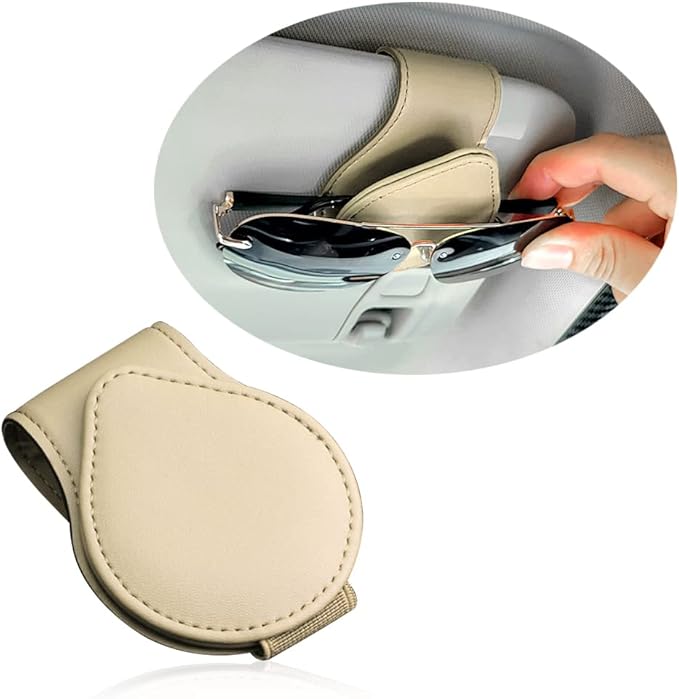 OFBAND Magnetic Sunglass Holder for Car Visor,PU Leather Car Sunglass Holder Organizes Glasses Tickets Cards & Keeps Car Tidy,Universal Car Accessories Interior (Khaki)