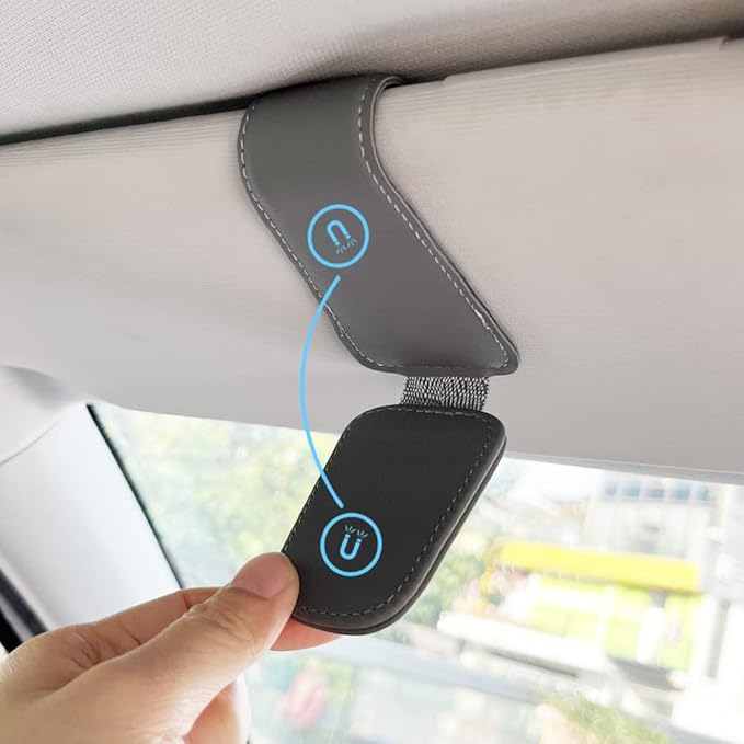 Sunglass Holder for Car, Magnetic Leather Eyeglass Hanger Clip for Car Sun Visor, Sunglasses Holder and Ticket Card Clip for Car Visor Accessories (1Pack Gray)