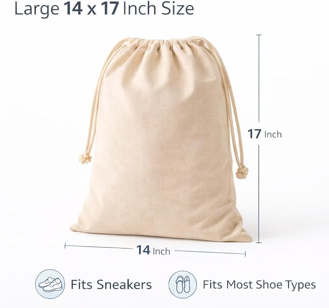 Cotton Shoe Bags with Drawstring | Dustproof, Washable Travel Shoe Pouch | Natural Canvas Organizer for Men & Women | Fits Sneakers, Sandals, Slippers | 14” x 17” (Pack of 3)
