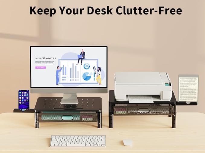 Zimilar 2 Pack Monitor Stand Riser with Metal Drawer, 3 Height Adjustable Monitor Riser with Phone Holder for Printer, Laptop, Premium Metal Computer Monitor Stand with Storage for 2 Monitors