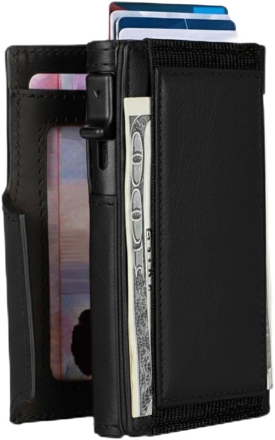 Minimalist Pop Up Wallet for Men | RFID Blocking Credit Card Holder Wallet with Money Clip | Mens Wallet Slim Bifold Front Pocket Metal Case with Gift Box (Genuine Full Grain Smooth Leather)