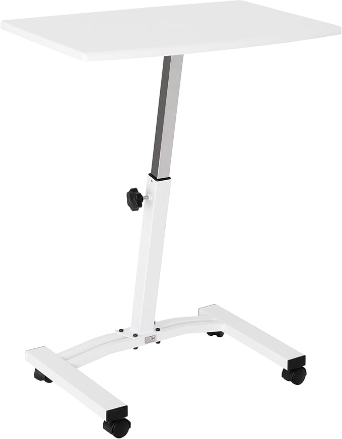 Seville Classics Airlift Mobile Height Adjustable Laptop Stand Computer Workstation for Sitting Classroom Home Office Medical Table w/Wheels, Flat Desk 24", White