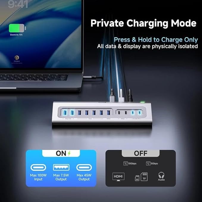 Giftos Powered USB Hub, 18 in 1 USB 3.2 Hub with 4K HDMI,PD 100W,45W Charge,10Gbps USB,SD/TF,Audio, 65W Adapter,3.3FT Cable,Aluminum,Smart Button, USB Hub for PC,Mac,Mac mini, iMac,iPhone 17/16,iPad