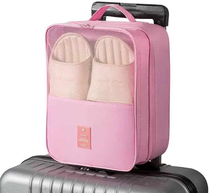 Waterproof Nylon Shoe Bag for Suitcase, Double Layer Portable Shoe Pouch for 3 Shoes, Travel Shoe Storage Bag with Zipper for Men and Women (Pink)