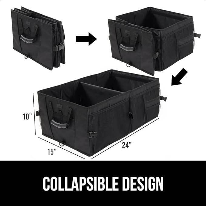 GORILLA GRIP Large Capacity Sturdy Trunk Storage Organizer, Slip and Water Resistant Collapsible Organization Container for Car Sedan or SUV, Multi Compartment Box Vehicle Accessories, 2 Pack, Black