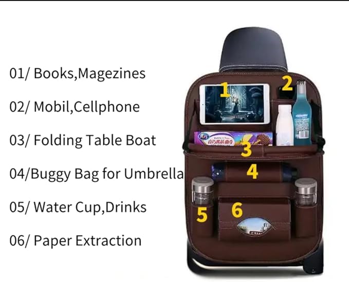 Luxury PU Leather Car Backseat Organizer with Foldable Table – Multi-Functional Car Seat Storage. Waterproof Travel Back Seat Organizer with Cup Holders, Tissue Box & Tablet Pocket (Black)