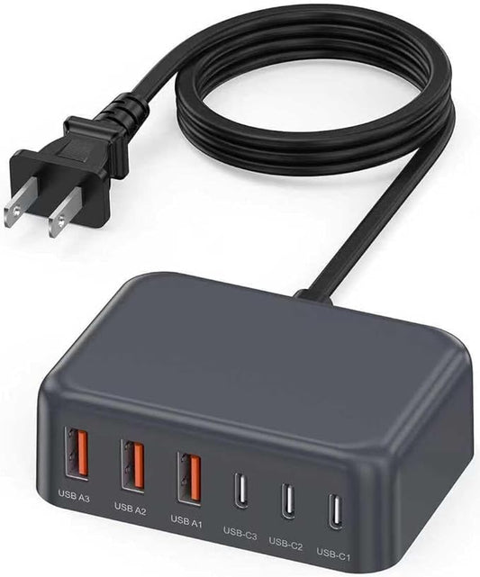 6 in 1 USB Charger, 50% Smaller Charging Station for Multiple Devices, 100W Fast Charging Blocks with Type C Ports, USB Charging Hub Organizer Multiport Power Strip for iPhone, Ipad, Kindle, Travel