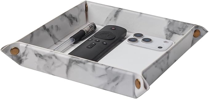Valet Tray Desktop Storage Organizer – Premium PU Leather Catchall Bedside Vanity Tray Nightstand Caddy Holder for Remote Controller, Keys, Phone, Wallet, Coin, Jewelry,Marble White