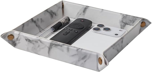 Valet Tray Desktop Storage Organizer – Premium PU Leather Catchall Bedside Vanity Tray Nightstand Caddy Holder for Remote Controller, Keys, Phone, Wallet, Coin, Jewelry,Marble White